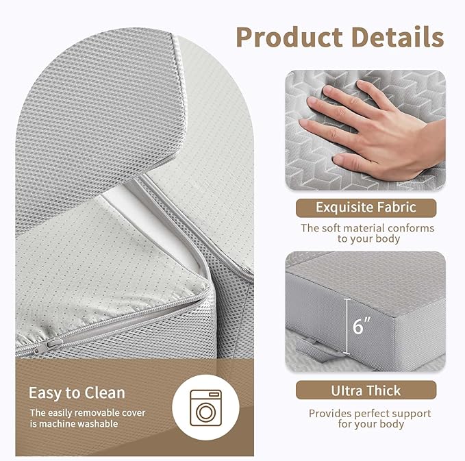 CYMULA Folding Mattress Single Size,6 inch Memory Foam Tri-Fold Single Floor Mattress Topper with Breathable & Washable Cover,Thick Foldable Mat for Camping,Naps and Guests，Grey(25"×75"×6")