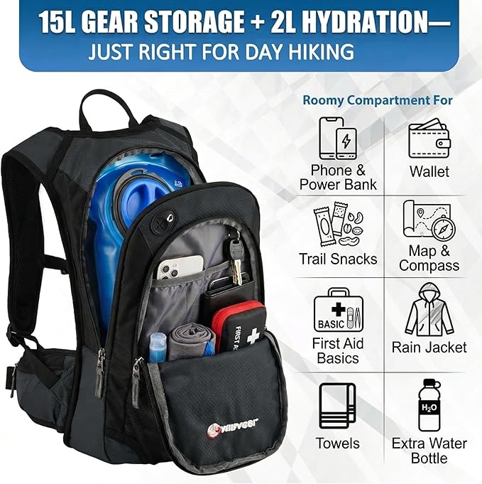 Miracol Hiking Hydration Backpack with Bladder: 2L Water Reservoir for 8H Hydration - Insulated Keep Water Cold 4 Hours - 15L Capacity & Adjustable Straps Comfortable for Day Hiking (Grey)