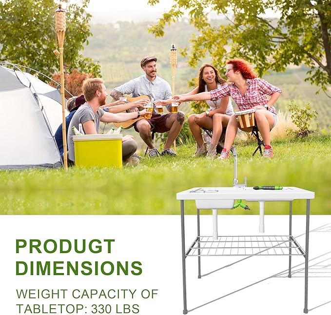 THUNDERBAY Portable Folding Fish Game Cleaning Camp Table Heavy Duty 40''Fillet Table with Double Sink and Faucet