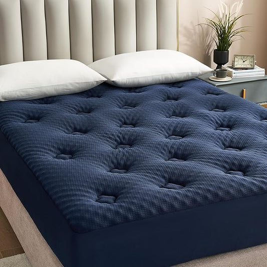 Hansleep Memory Foam Mattress Pad Topper King, King Size Mattress Topper Viscose Derived from Bamboo, King Foam Bed Mattress Pad Cover for Back Pain Relief, 78" x 80", Navy Blue