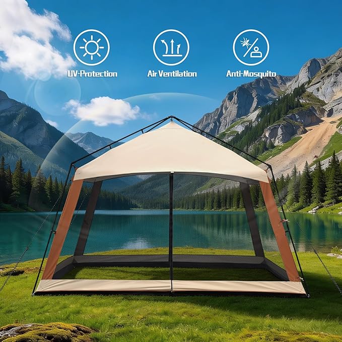 12 x 12 FT Camping Screen Tent for 8-10 Person, Easy Setup Screen House with UV 50+ Sun Protection & Mosquito Net for Camping, Backyard, Picnic, Patio Outdoor Beige & Brown