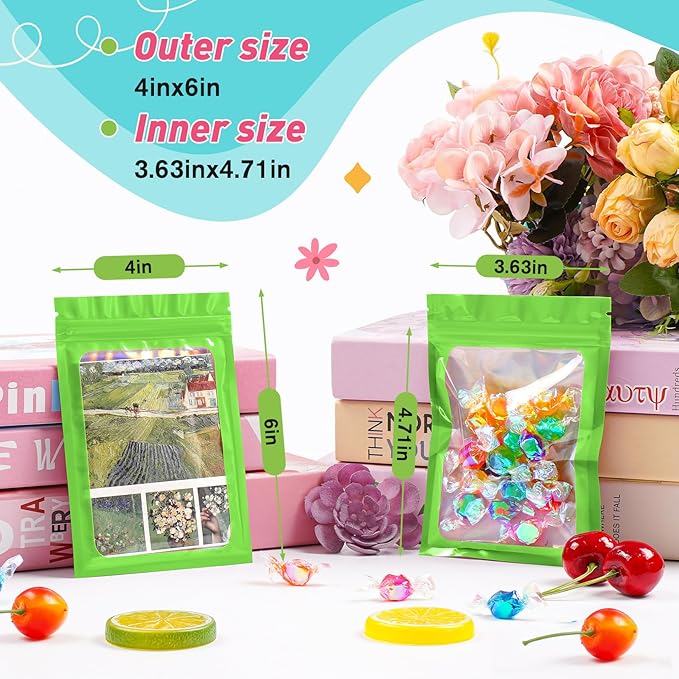 Funfery 300 Pack Smell Proof Resealable Bags for Food Storage,Holographic Bags 4x6 Green Mylar Clear Packaging Bag- Scent Proof for Cookies, Zip Foil Pouch for Small Business