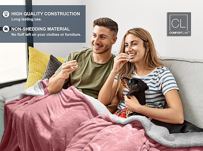 Comfort Lab Reversible Flannel Sherpa Throw Blanket - Elegant Fluffy Throw Blankets for Couch and Home Decor - Anti Pilling Non Shedding Cozy & Warm Fleece Throws - Oversize Throw (60" x 70") - Blush