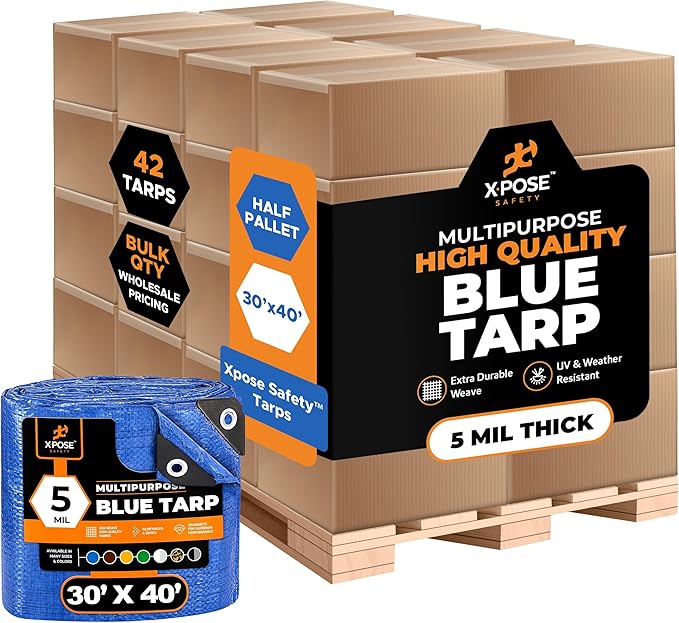 Better Blue Poly Tarp 30' x 40' - Bulk Half Pallet (42 Pack) Multipurpose Protective Cover - Lightweight, Durable, Waterproof, Weather Proof - 5 Mil Thick Polyethylene - by Xpose Safety