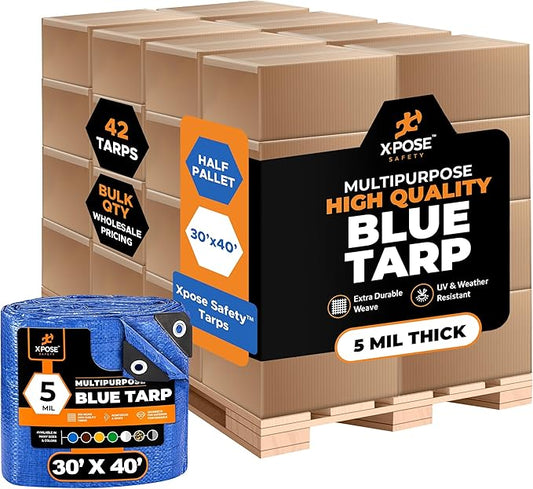 Better Blue Poly Tarp 30' x 40' - Bulk Half Pallet (42 Pack) Multipurpose Protective Cover - Lightweight, Durable, Waterproof, Weather Proof - 5 Mil Thick Polyethylene - by Xpose Safety