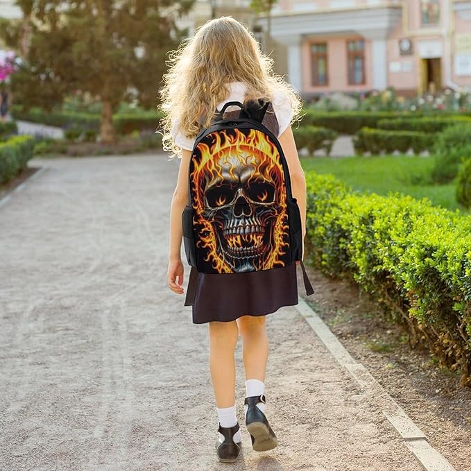 Backpack Polyester Anti-Theft Multipurpose Flaming Fire Skull Bookbag Large Capacity Laptop Book Bag Rucksack With Side Pockets