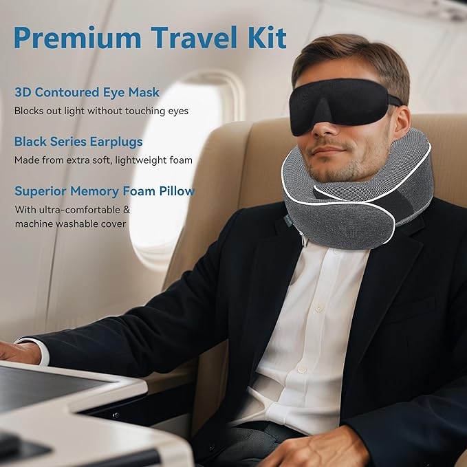 Proglobe Travel Neck Pillow 100% Memory Foam – Airplane & Car Travel Essentials Kit with 3D Eye Mask, Earplugs & Mesh Bag – Sleeping Support Pillow for Adults (Dark Grey)