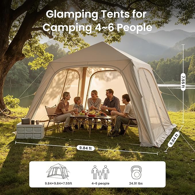 Inflatable Tents for Camping, Blow Up Tent with Hand Pump, Easy Setup Inflatable Hot Tent with Stove Jack, Waterproof Oxford Air Glamping Tents for Camping Adult 4 Person Upgrade Version