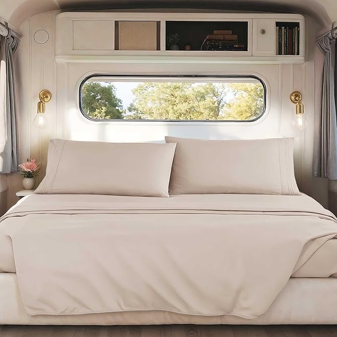 Hearth & Harbor Short Queen Sheets for RV, Beige Cream RV Queen Sheets, Silky Soft 1800 Microfiber Bed Sheet for Camper, 4 Piece RV Bedding with Pillowcases