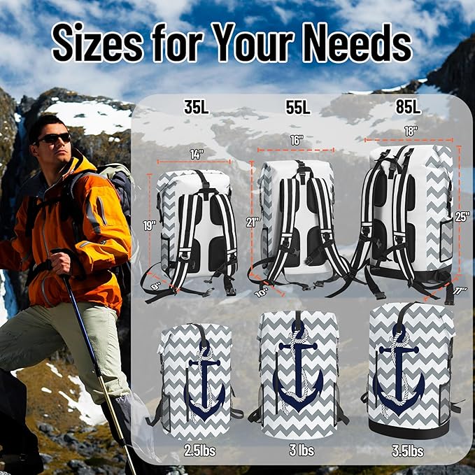 Waterproof Dry Bag Marine Dry Bags for Kayaking Hiking Anchor Nautical Navy Blue Gray Striped Backpack Roll-Top Closure Bag - Backpack Waterproof Phone Case 5L