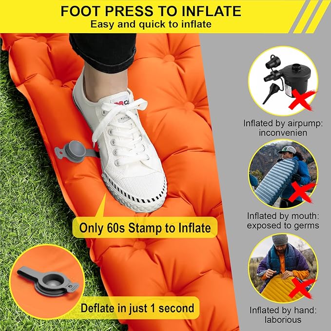 Double Sleeping Pad for Camping Inflatable 2 Person Sleeping Mat with Built-in Pump, Foot Press Ultralight Extra Thick Camping Mat with Pillow for Backpacking, Traveling, Hiking, Durable & Waterproof…