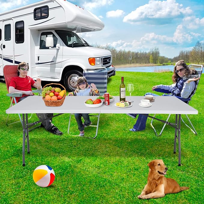 SUPER DEAL 8FT Folding Picnic Table for Indoor Outdoor, Portable Fold-in-Half Plastic Dining Camping Party Table with Carrying Handle