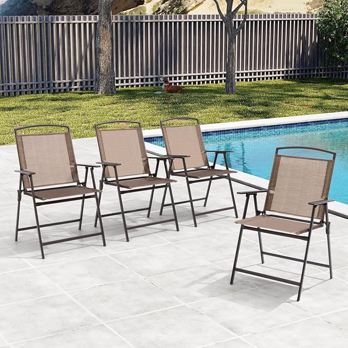 Crestlive Products Patio Folding Chairs Set of 6, Outdoor Folding Chairs with Durable Rust-Resistant Frame and Breathable Textilene Material for Outside, Brown