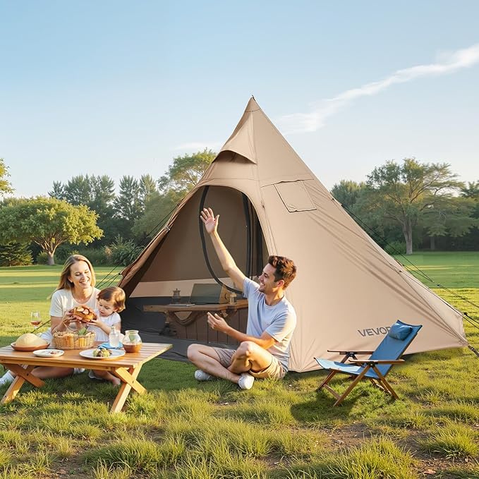 VEVOR Hot Tent, Camping Tipi Hot Tents with Stove Jack, Portable Winter Camping Tents with Snow Skirt, Easy Setup, Waterproof 4 Season Shelter Tents for Fishing Backpacking