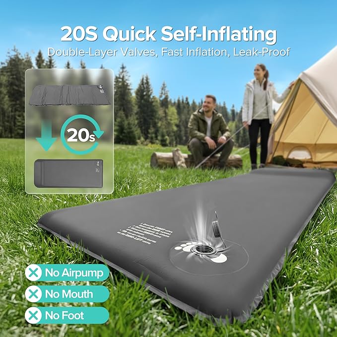 Self-Inflating Sleeping Pad for Camping, 3.1" Ultra-Thick Outdoor Camping Mat with Pillow & 9.5 R-Value, Insulated All-Season Foam Camping Mattress for Camping Travel Tent Car