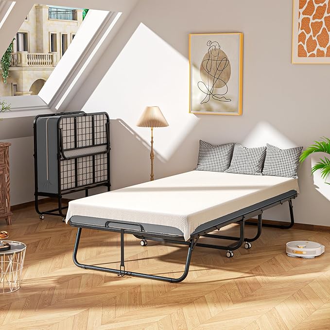 INTERGREAT Folding Bed with Mattress, Roll Away Beds with Mattress for Adults, Single Cot Foldable Rollaway Beds, 75" x 31" Portable Bed for Easy Storage, Strong Frame for Guest Room, Small Apartment