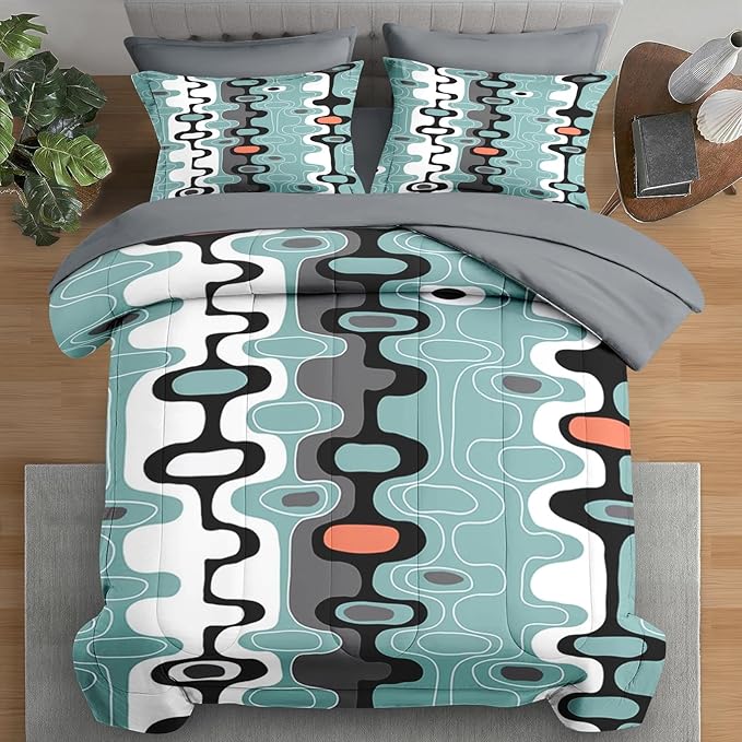 Comforter Set Full Size, Mid Century Retro Stripe 7 Pcs Bedding for Kids and Adults, Vintage Geometric Cool Bed Sheet Sets with Fitted Sheet 2 Pillowcases & 2 Shams for Bedroom Bed Decor