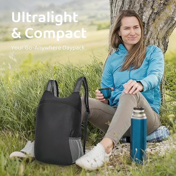 Lightweight and Thin Foldable Backpack, Climbing Bag, Hiking Daypack,20L Waterproof Travel Packable Rucksack (Black)