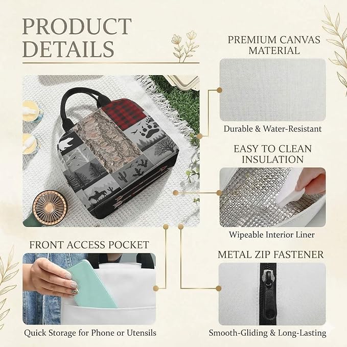 Western Retro Denim Insulated Lunch Bag Bear Deer Bird Nature Landscape Cactus Thermal Tote Portable Size (02)