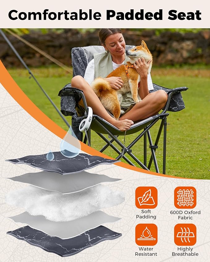 KingCamp Oversized Camping Folding Chair, Heavy Duty 450 LBS with Lumbar Support, Padded seat with Cup Holder&Cooler Bag, Ideal for Camp, Fishing, Sports Event, Backyard, Patio, Lawn (Lava Grey)