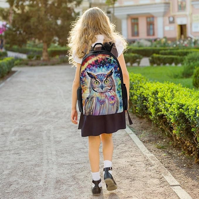 Polyester Daypack for Hiking Work Running, Big Capacity Anti-Theft Multipurpose Shoulder Bag, Owl Space Cartoon Travel and Sport Backpack Rucksack