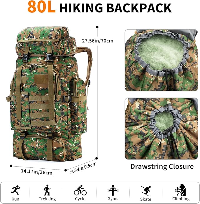 Hiking Backpack Tactical Backpack for Men Women, 80L Military Backpack Rucksack Waterproof Large Travel Camping Backpack for Men, Molle Rucksack Outdoor Sport Travel Daypack (Woodland Camo)