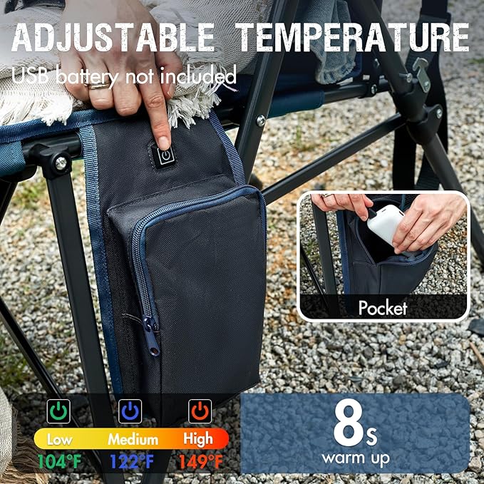 Portal Heated Camping Chairs for Adults Outdoor Sports Oversized Folding Lawn Chair with High Back, Heavy Duty 400 Lbs, Battery Not Included, Blue