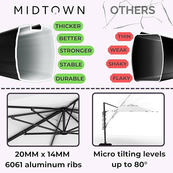 Midtown Umbrellas 10 Ft Outdoor Cantilever Patio Umbrella w/Terylast Ivory White Fabric - Rotate Tilt 360° Offset Patio Umbrella, Deck Patio Umbrella, Backyard Umbrella & Garden Umbrella - Black Frame