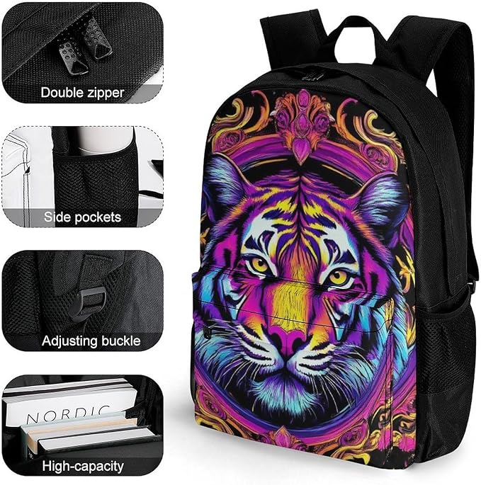 Supdreamc Daypack Backpack Anti-Theft Multipurpose Big Capacity Bookbag, Magical Animal King Tiger Art Business Computer Bag With Side Pockets