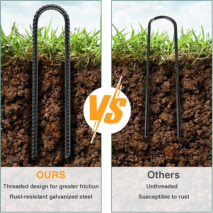 12 Inch Rebar Stakes Heavy Duty, 6 Pack Garden Stake U-Hook, Electrostatic Rust Proof Metal Stakes for Tent, Landscape,Outdoor Decorations, Fabric Ground Cover, Tube Fixing (Black, U-12in-6pc)