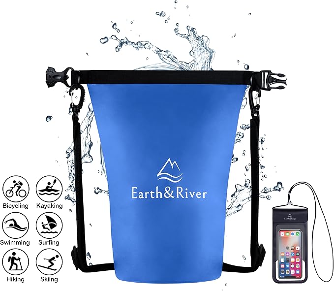 EARTH&RIVER Premium Waterproof Dry Bag Backpack, Extra Thick, Protection for All Water Activities & Camping, Floating Lightweight Dry Bag & IPX8 Waterproof Phone Case (Navy Blue, 5L)