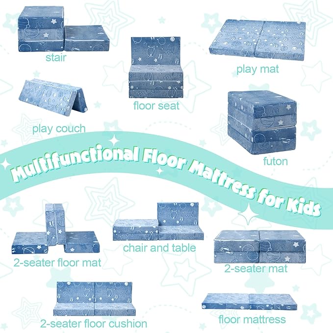 MeMoreCool Kids Folding Mattress, Trifold Mat Foldable Floor Mattress for Kids, 63x26 Tri Fold Floor Mat with Washable Cover and Carry Bag, Portable Floor Mat for Sleepover Daycare, Blue Astronaut