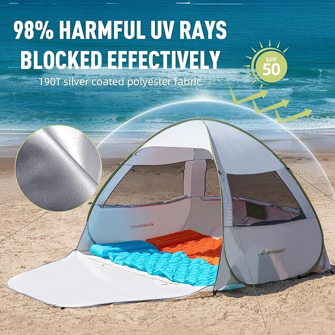 EchoSmile Pop Up Beach Tent for 4 Person Family, UPF 50+ Sun Shelter & Waterproof Beach Shade for Kids, Automatic Easy Setup Portable Cabana for Outdoor Travel (Green)