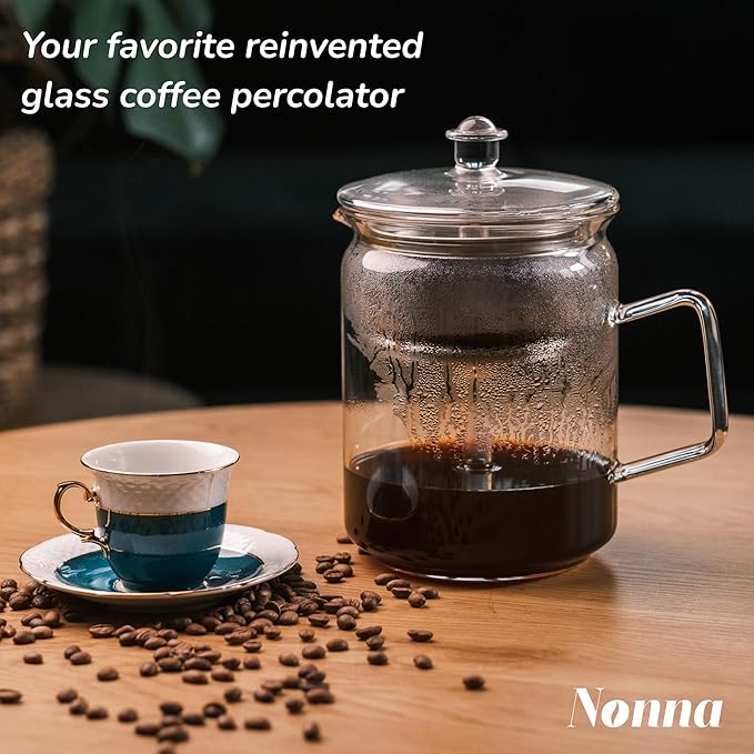 Glass Coffee Percolator - The Nonna | Non-Electric Borosilicate Glass & Stainless Steel | Eco-Friendly Coffee Gift | BPA Free | Stovetop Glass Percolator (1 Unit)