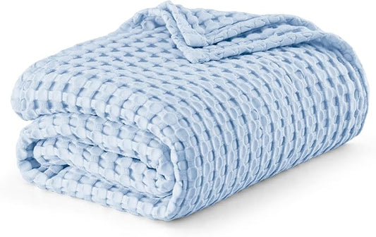 Bedsure Cooling Cotton Waffle Queen Size Blanket - Lightweight Breathable Blanket of Rayon Derived from Bamboo for Hot Sleepers, Luxury Throws for Bed, Couch and Sofa, Blue, 90x90 Inches