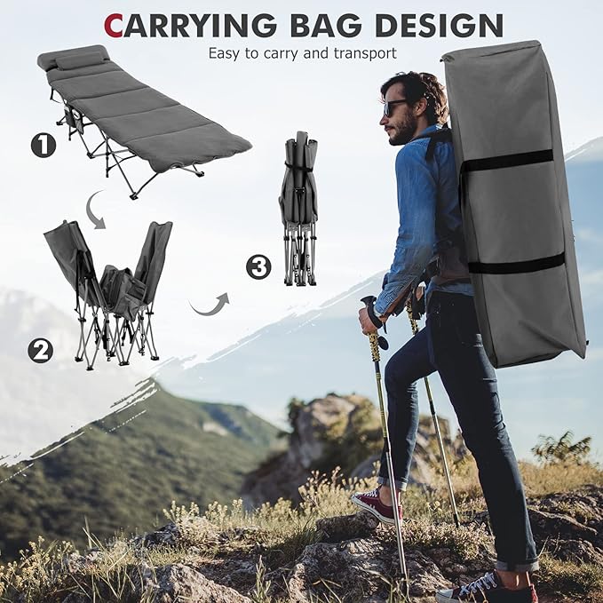 Tangkula Camping Cot for Adults, Folding Sleeping Cot with Removable Mattress, Pillow, Side Pocket, Portable Indoor Outdoor Cot Bed with Carry Bags for Travel, Camp, Office, Home (Grey)
