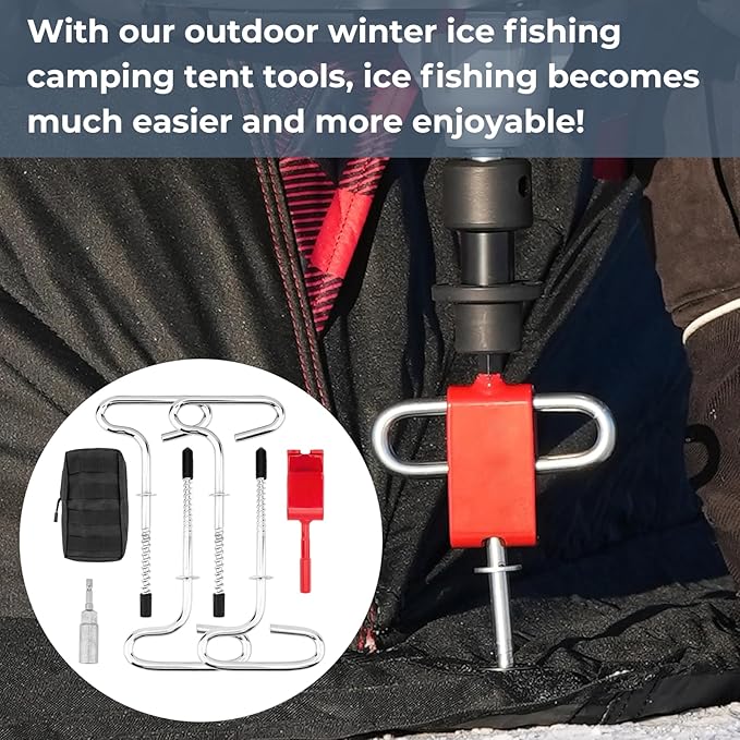 Ice Anchor Tool Kit with Drill Adapter,Ice Fishing Tent Stakes for Setting Up an Outdoor Ice Fishing Camping Tent Shanty,Ice Fishing Shelter Accessories with Protective Bag