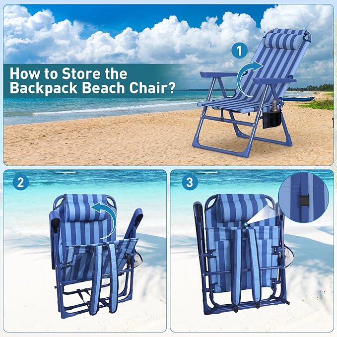 Suteck Backpack Beach Chairs for Adults 2 Pack, 6-Position Folding Reclining Chair with Cooler Bag & Cup Holder, Lightweight Portable Beach Chair for Camping, Outdoor, Sand, Travel Use