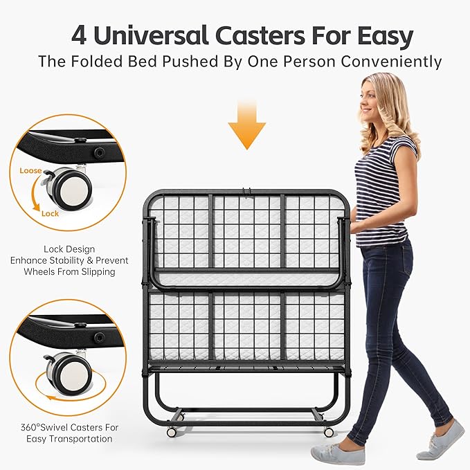 INTERGREAT Folding Bed with Mattress for Adults, Foldable Rollaway Twin Beds for Adults, 75" x 38" Portable Folding Guest Bed for Easy Storage, Super Strong Frame for Guest Room, Small Apartment