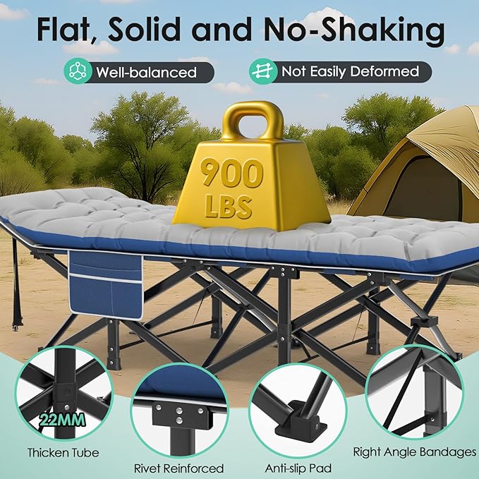 Suteck Camping Cot, 32In XXL Folding Camping Cot Heavy Duty Sleeping Bed for Adults 1200D Double Layer Oxford Cots for Camping W/Pilllow Mattress Carry Bag for Home Office Nap Beach Travel, 900LBS