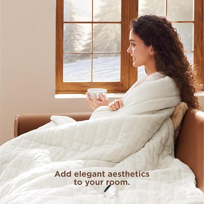 Bedsure Heated Blanket Throw Blanket - Quilted Electric Blanket, Soft Flannel Thick Heating Blanket with 4 Time Settings & 6 Heating Settings, Warm Gifts for Women Men (50x60 inches, Ivory)