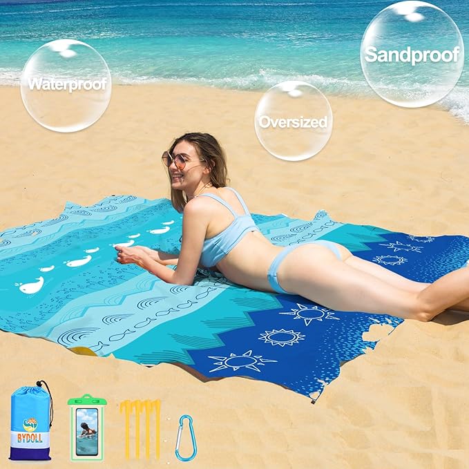 BYDOLL Beach Blanket Waterproof Sandproof Large 78''×81''/10'×9' Sand Free Oversized Sandless Picnic Mat Water Proof Packable Lightweight Blanket for Beach Camping Hiking Travel