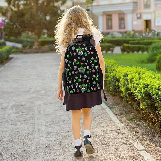 Men Women Polyester Trippy Weedleaf Eyes Mushroom Casual Daypack Large Capacity Carry On Bag With Adjustable Shoulder Straps for Camping Work Running
