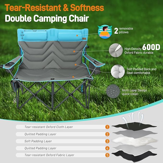Oversized Double Camping Chairs for Adults, High-Back Loveseat with Pillows, Dual Cup Holders & Cooler Bags - Heavy Duty 2 Person Folding Chair, 800LBS Capacity, Outdoor, Picnic, Lawn (Bluegrey)