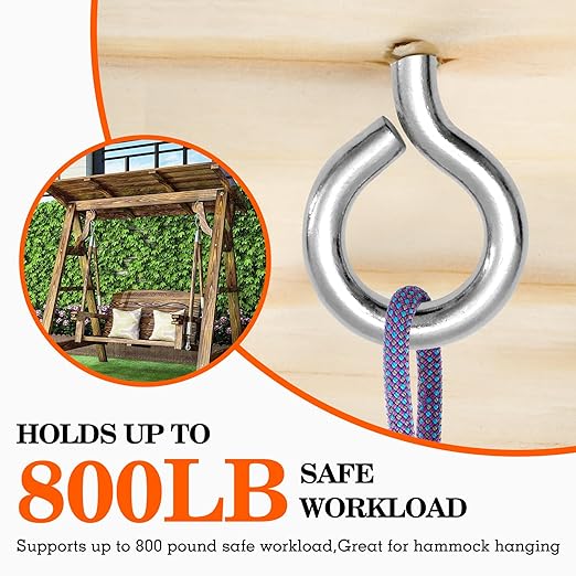 8Pcs Self Tapping Eyelet Screw Eye Bolt，6 Inch Heavy Duty Screw Eyes Hooks ，M10 Wooden Large Screw Eye Hook，Load Capacity 800 Lbs for Hammock ，Yoga，Heavy Indoor Outdoor Uses (8, M10-6 INCH)
