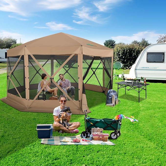 COBIZI 15x15 FT Pop Up Gazebo - Canopy Tent, Large Gazebos On Clearance,Instant Screened in Gazebo,carpas para Patio,Portable Screen Tents for 12-15 Persons Outdoor Camping, Backyard,Khaki