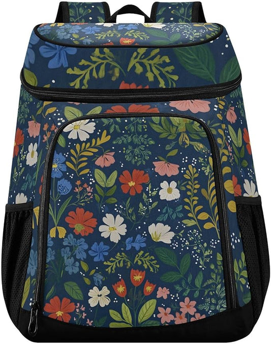 Wildflowers Dark Blue Cooler Backpack Cooler Insulated Leak Proof Lunch Backpack 36 Cans Waterproof Soft for Men Women Picnic Hiking Camping Beach