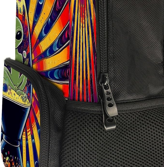 Men Women Lightweight Trippy Tie Dye Alien Casual Daypack Big Capacity Bookbag With Padded Straps for Gym Travel Walking Cycling