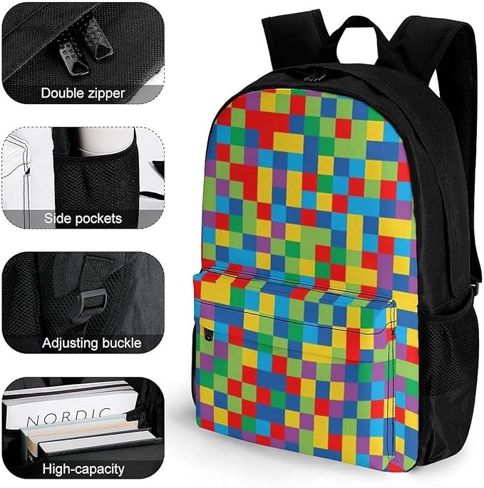 Daypack Backpack Anti-Theft Multipurpose Big Capacity Bookbag, Colorful Rainbow Blocks Business Computer Bag With Side Pockets