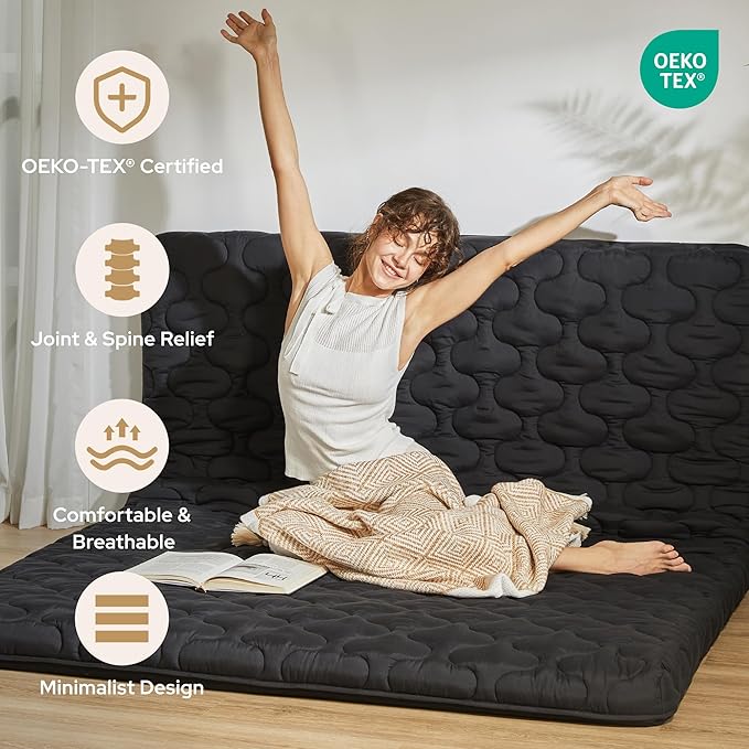 Japanese Floor Mattress, Futon Mattress Queen Size 3" Thick Portable Sleeping Pad with High Density Foam, Foldable & Comfortable Tatami Mat for Adult, Roll Up Lounger Camping Bed, Gray